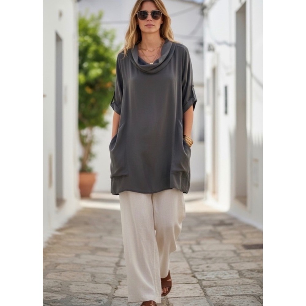 Fei Anthropologie 100% Silk Gray Cowl Neck Oversized Tunic Dress Size 8